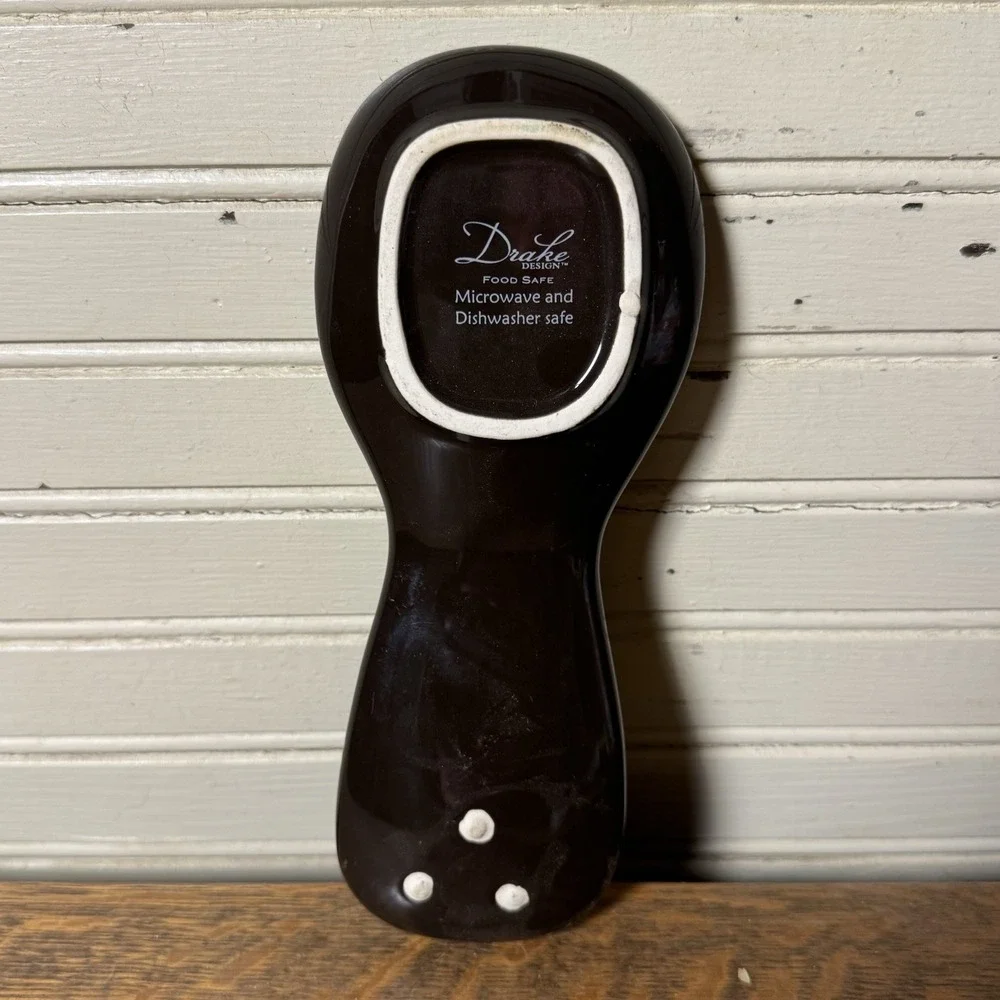 Drake Design Brown Ceramic Spoon Rest Fleur De Lis Scroll Kitchen 8.5